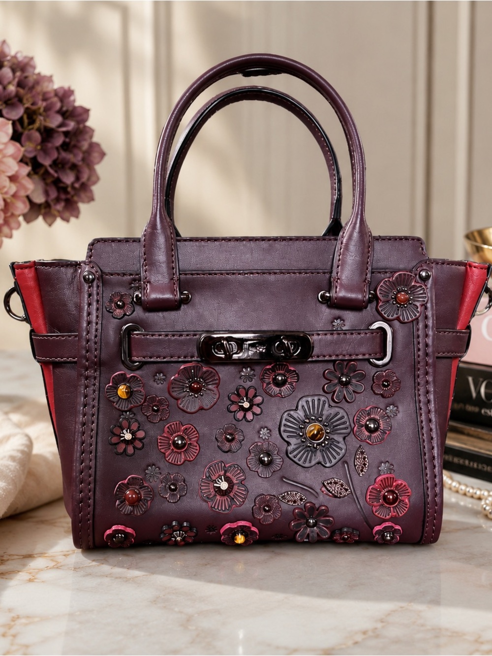 Coach 55523 Rogue 17 Tea Rose Raised Floral Applique Oxblood & Dust Bag